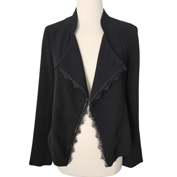 Anthropologie Jackets & Blazers - Anthropologie Elevenses Black Lace Trim High-Low Open-Front Cropped Jacket- M‎